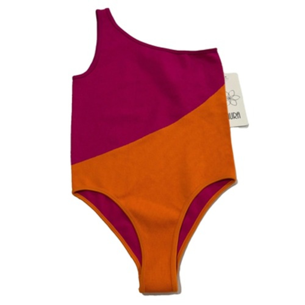 Aura Womens XL‎ XXL Pink Orange Colorblock One Shoulder Ribbed Bodysuit New